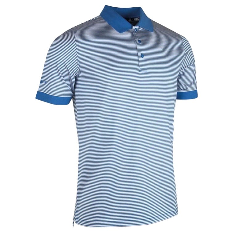 blue and white striped golf shirt